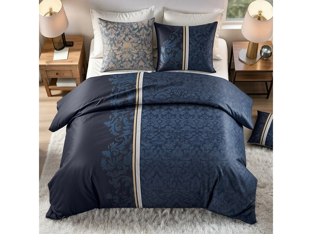Parure housse de couette 240x220cm + 2 taies motif arabesques bleu 100% coton - FLORISE