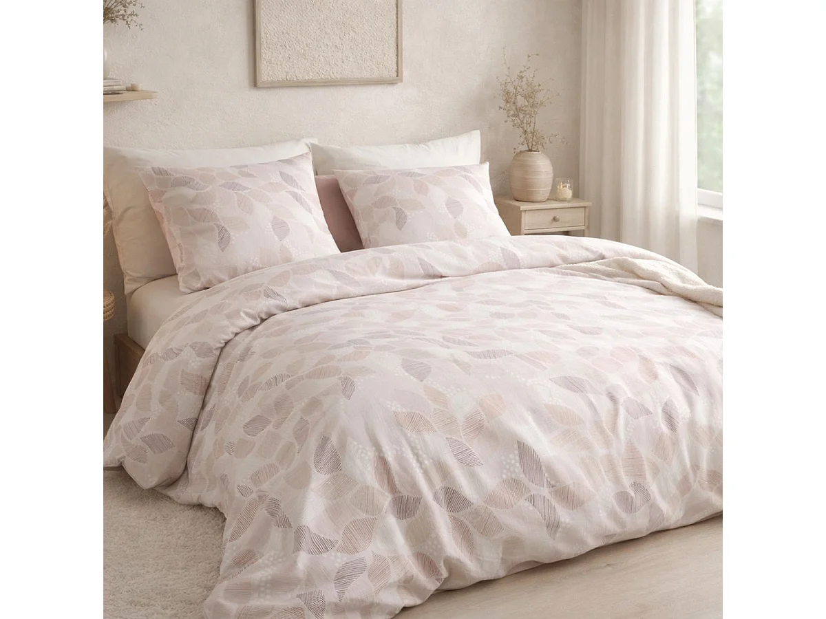 Parure housse de couette 240x220cm + 2 taies motif feuilles rose poudré 100% coton - LIXIA