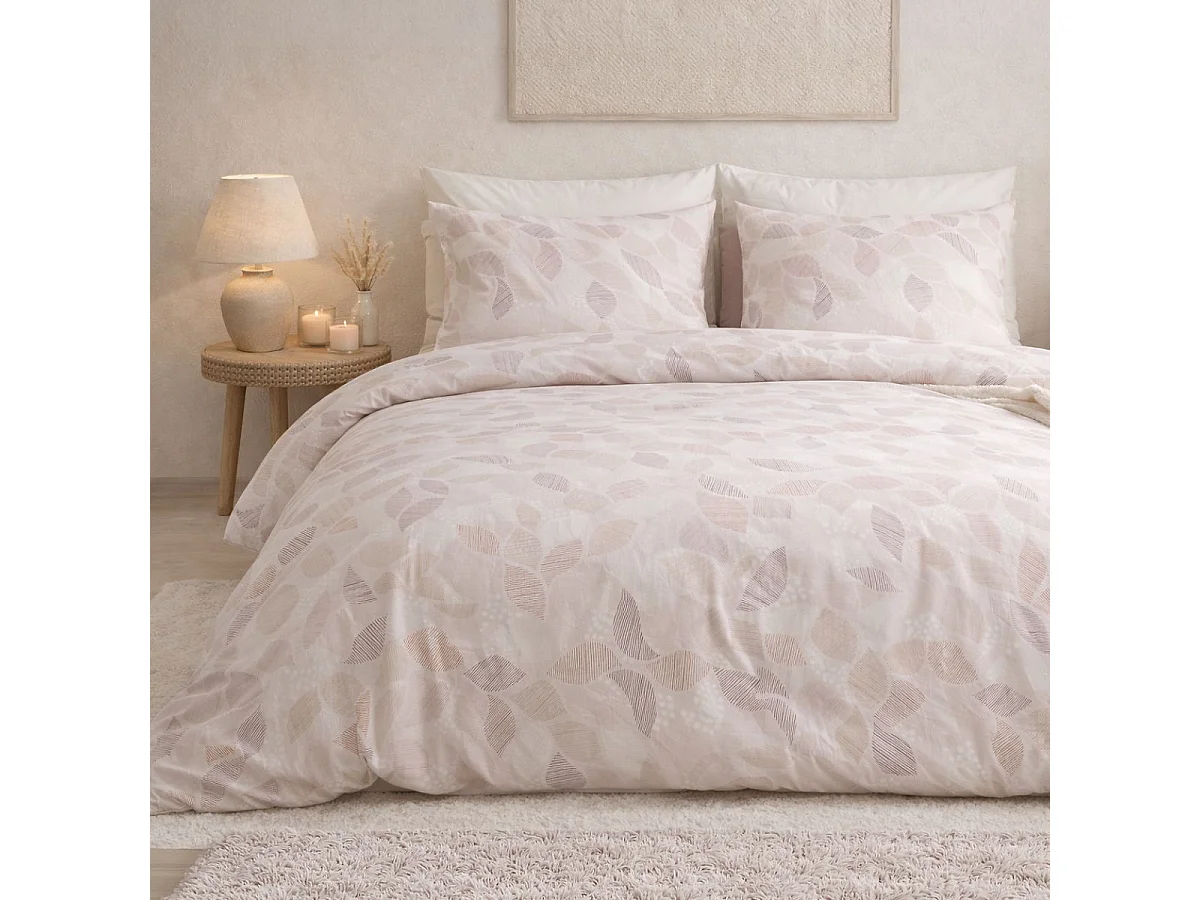 Parure housse de couette 240x220cm + 2 taies motif feuilles rose poudré 100% coton - LIXIA