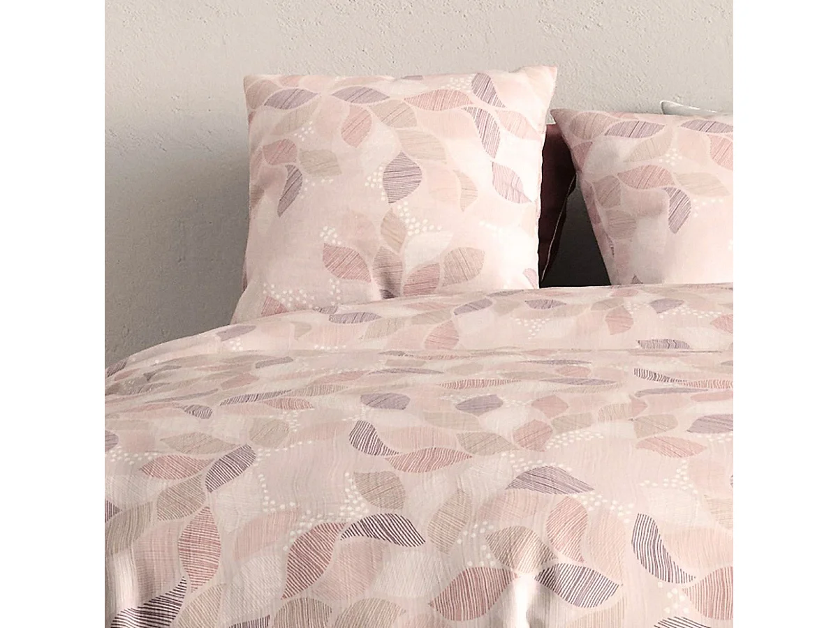 Parure housse de couette 240x220cm + 2 taies motif feuilles rose poudré 100% coton - LIXIA