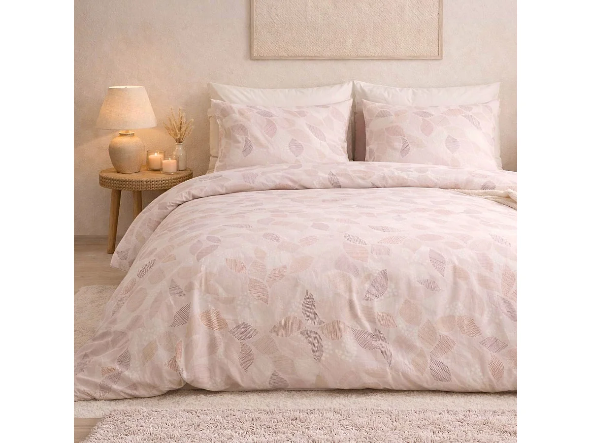Parure housse de couette 240x220cm + 2 taies motif feuilles rose poudré 100% coton - LIXIA