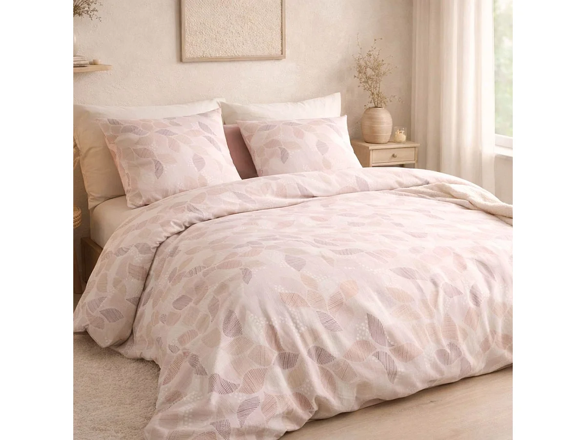 Parure housse de couette 240x220cm + 2 taies motif feuilles rose poudré 100% coton - LIXIA