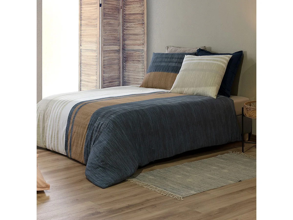 Parure housse de couette 240x220cm + 2 taies motif rayé bleu et beige 100% coton - ORMAN
