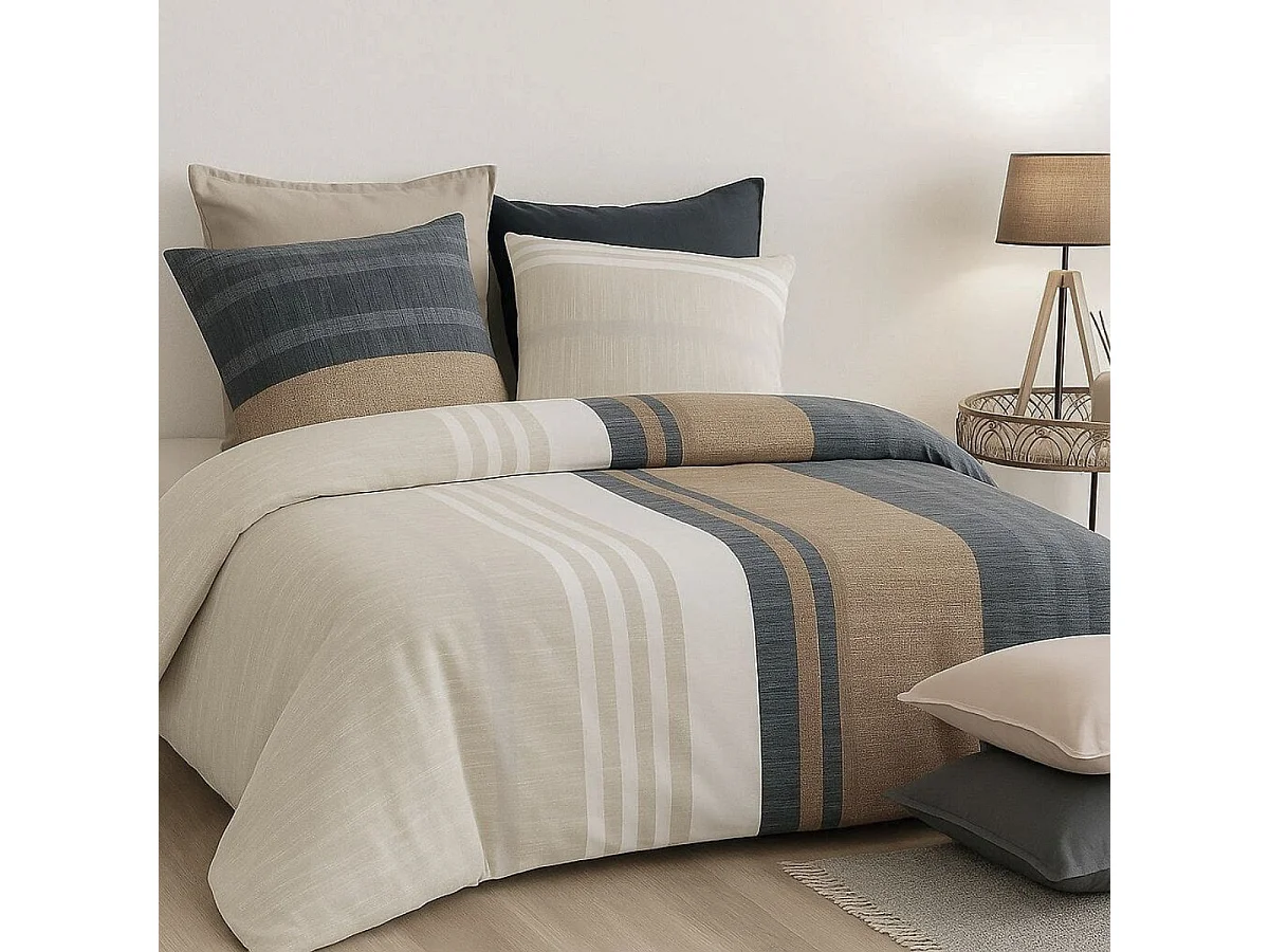 Parure housse de couette 240x220cm + 2 taies motif rayé bleu et beige 100% coton - ORMAN
