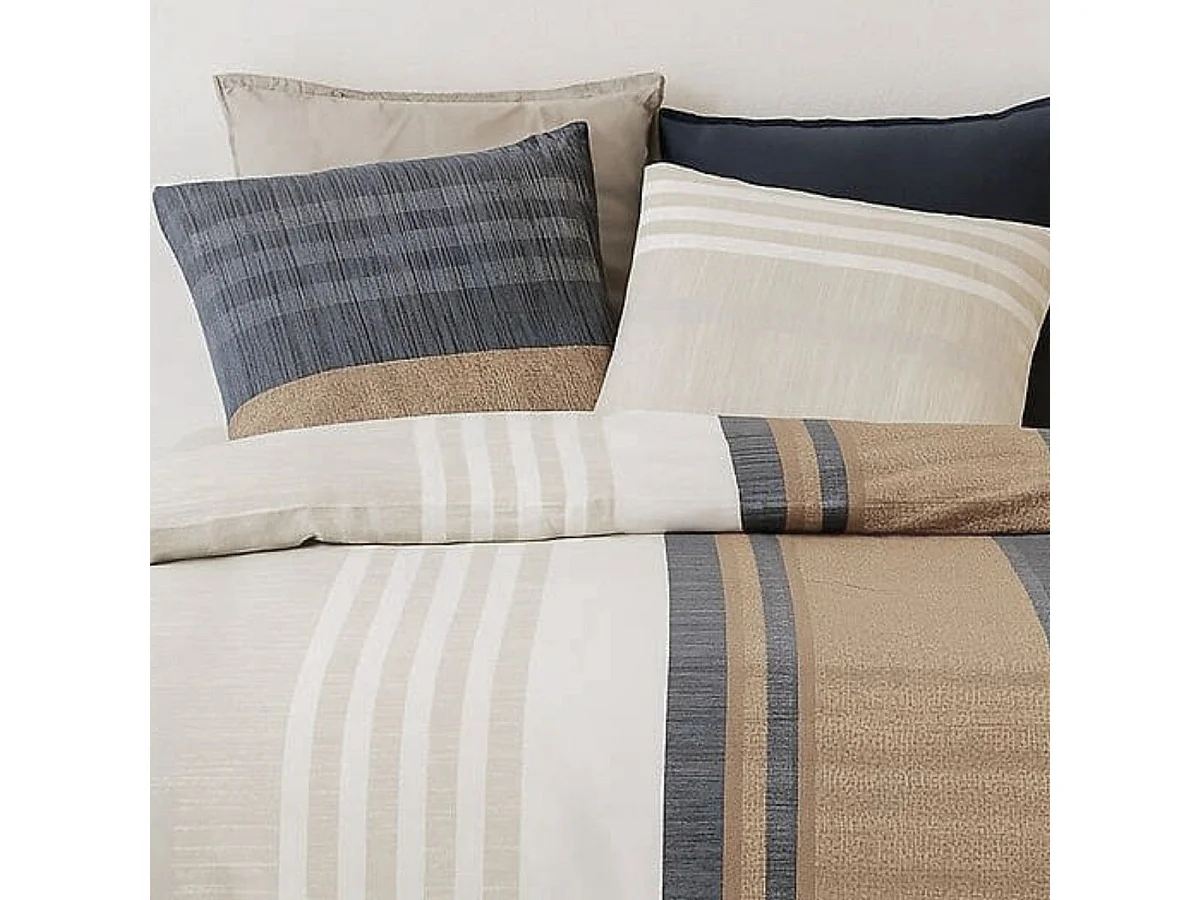 Parure housse de couette 240x220cm + 2 taies motif rayé bleu et beige 100% coton - ORMAN