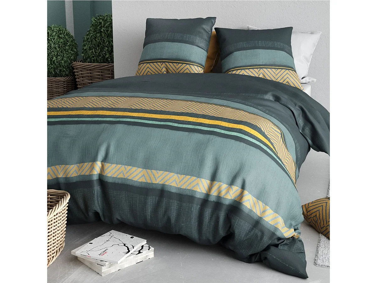 Parure housse de couette 240x220cm + 2 taies motif graphique bleu et jaune 100% coton - STRALA