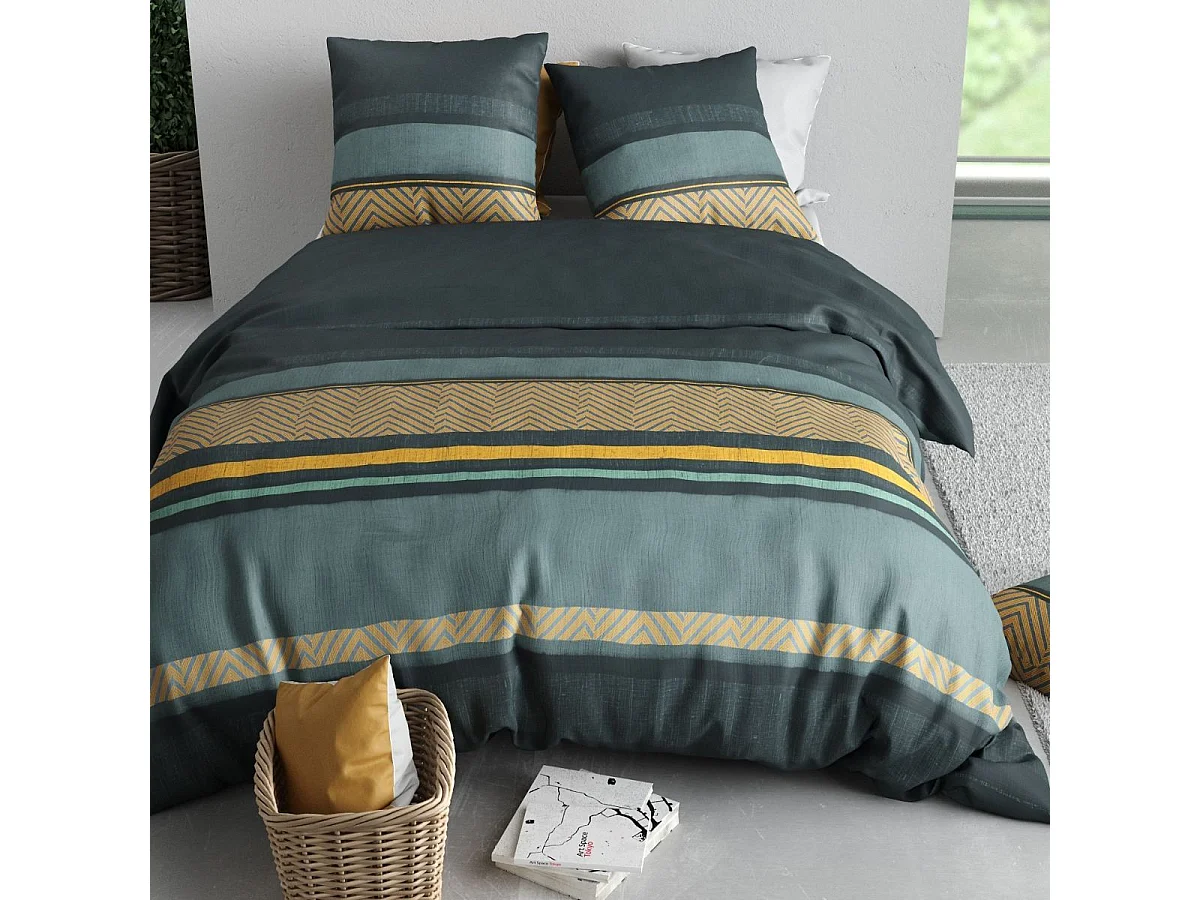 Parure housse de couette 240x220cm + 2 taies motif graphique bleu et jaune 100% coton - STRALA