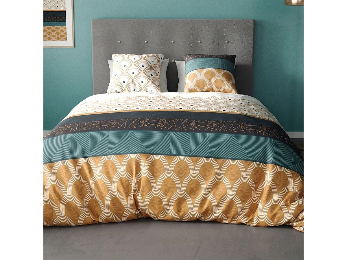 Parure housse de couette 240x220cm + 2 taies motif graphique jaune moutarde 100% coton - GALIANA