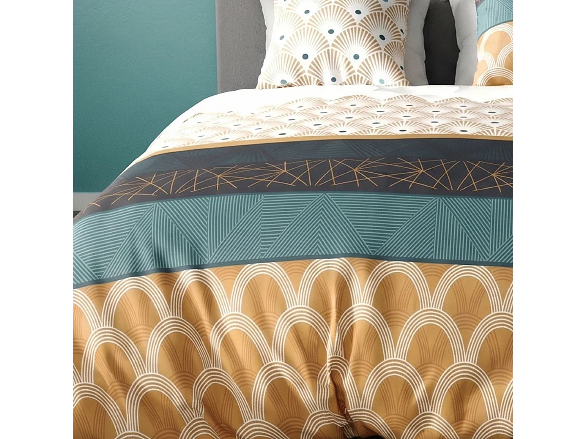 Parure housse de couette 240x220cm + 2 taies motif graphique jaune moutarde 100% coton - GALIANA