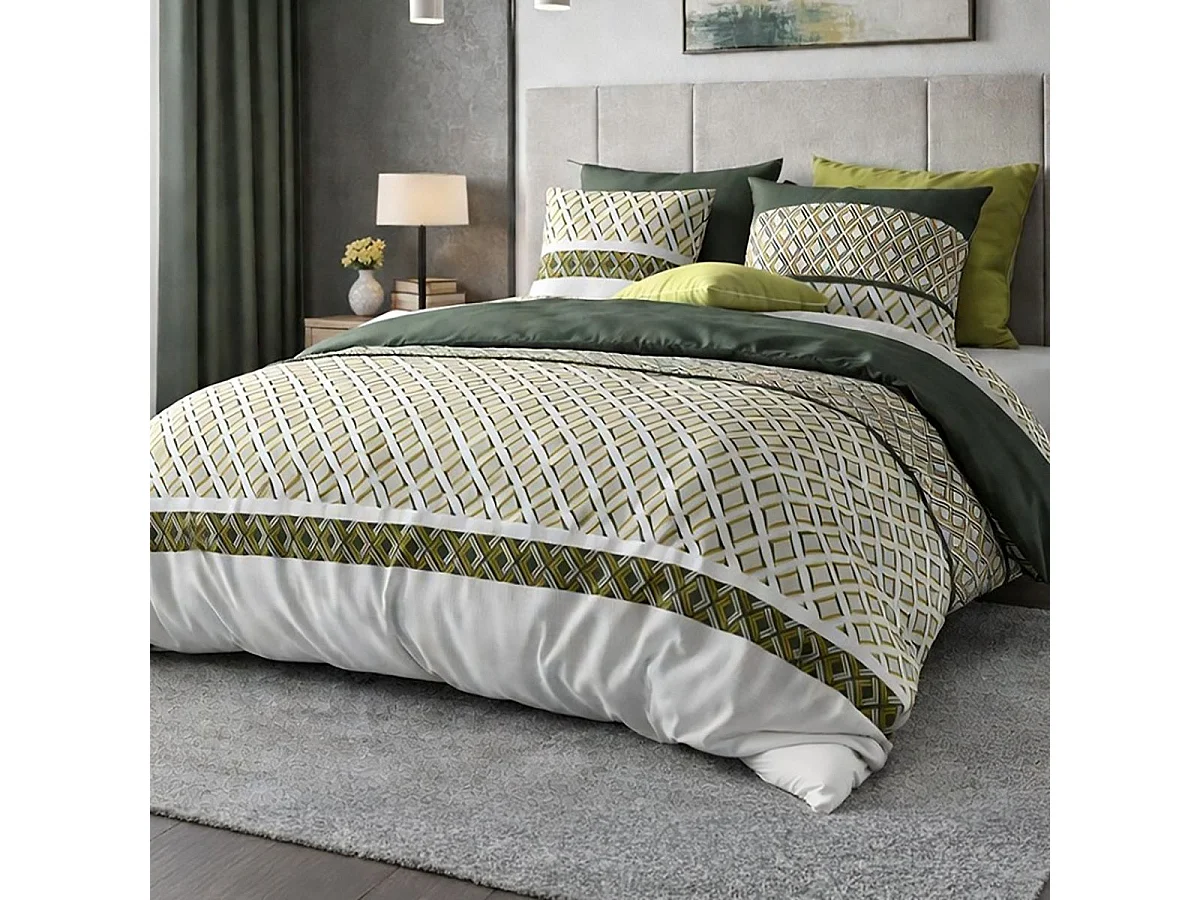 Parure housse de couette 240x220cm + 2 taies motif géométrique vert 100% coton - AYANA