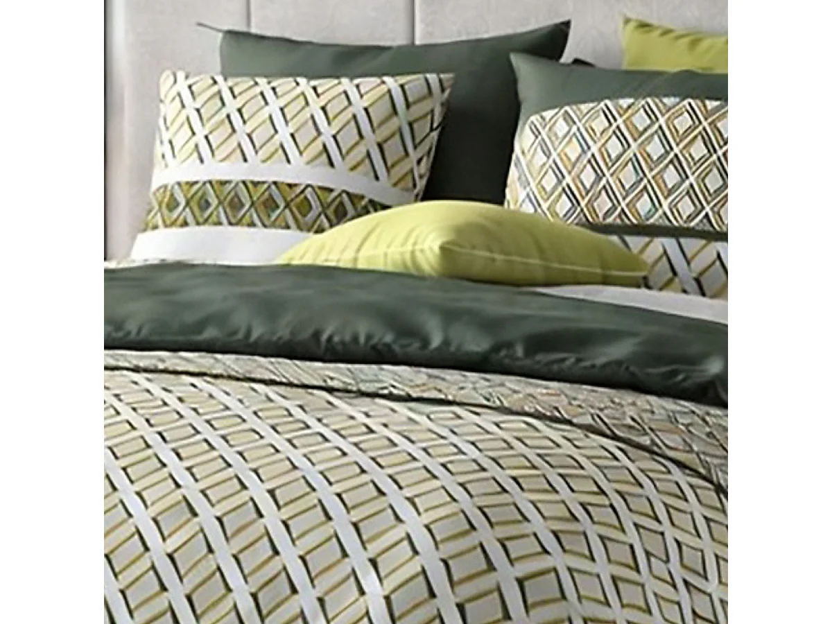 Parure housse de couette 240x220cm + 2 taies motif géométrique vert 100% coton - AYANA