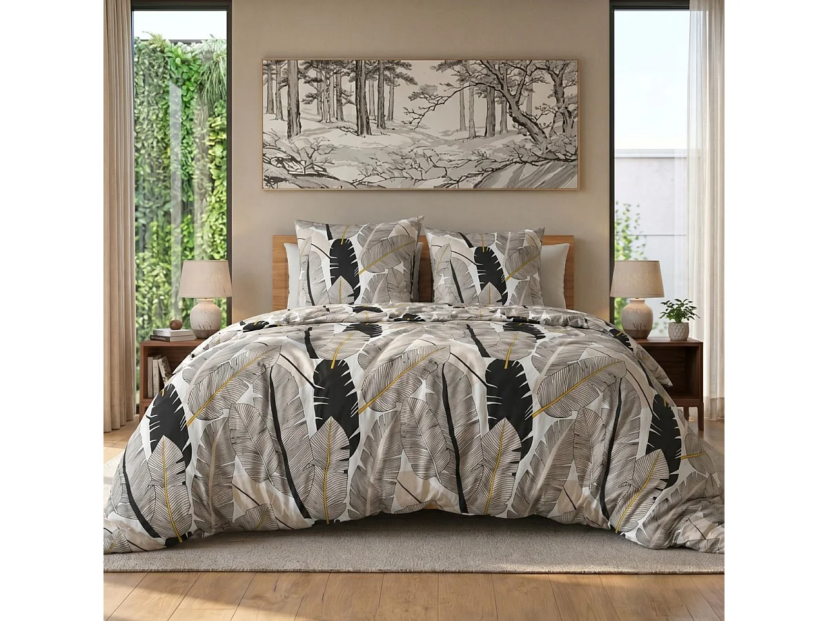 Parure housse de couette 240x220cm + 2 taies motif plumes noir et blanc 100% microfibre - PIUMA