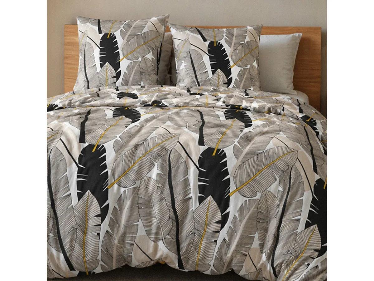 Parure housse de couette 240x220cm + 2 taies motif plumes noir et blanc 100% microfibre - PIUMA