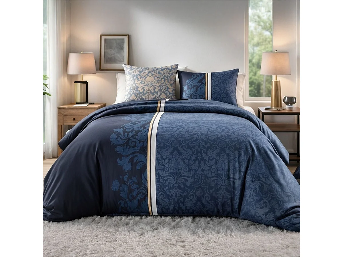 Parure housse de couette 260x240cm + 2 taies motif arabesques bleu 100% coton - FLORISE