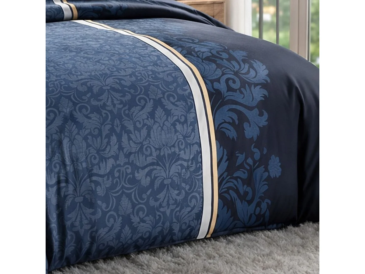 Parure housse de couette 260x240cm + 2 taies motif arabesques bleu 100% coton - FLORISE