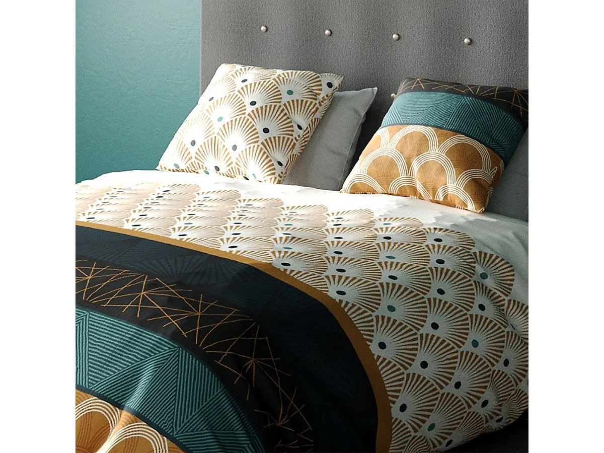 Parure housse de couette 260x240cm + 2 taies motif graphique jaune moutarde 100% coton - GALIANA