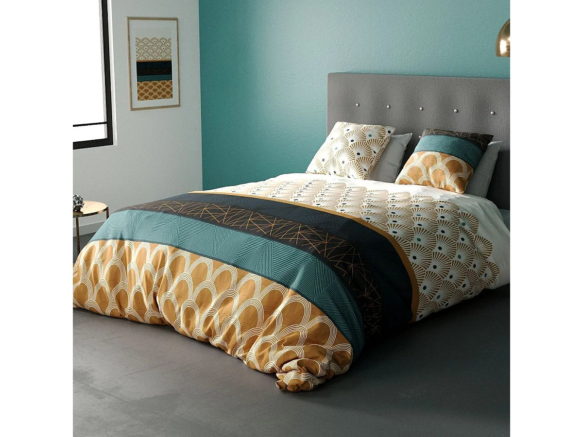 Parure housse de couette 260x240cm + 2 taies motif graphique jaune moutarde 100% coton - GALIANA