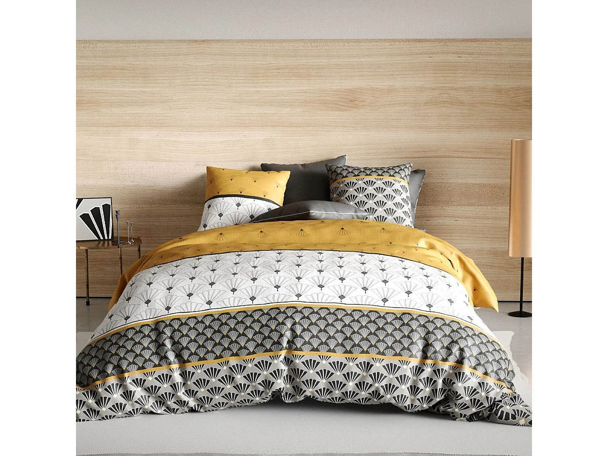 Parure housse de couette 260x240cm + 2 taies motif rétro gris et jaune 100% coton - TILIO