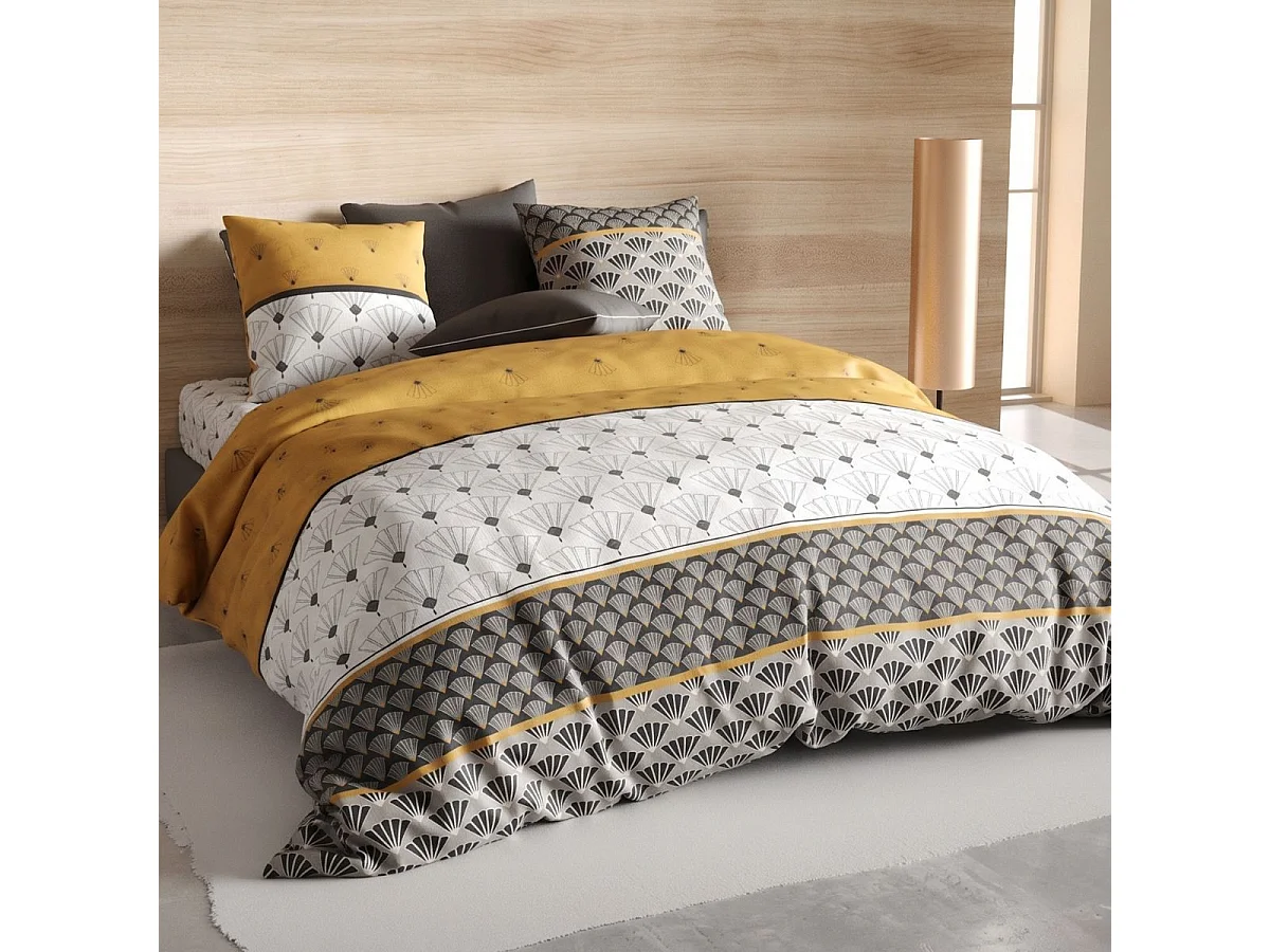 Parure housse de couette 260x240cm + 2 taies motif rétro gris et jaune 100% coton - TILIO