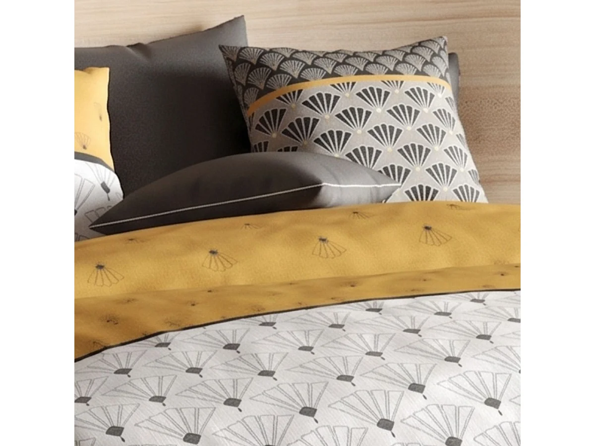 Parure housse de couette 260x240cm + 2 taies motif rétro gris et jaune 100% coton - TILIO