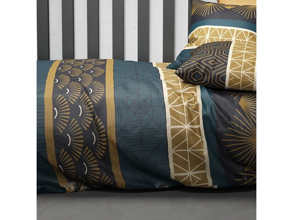 Parure housse de couette 260x240cm + 2 taies motif art-déco bleu et ocre 100% coton - LORIK