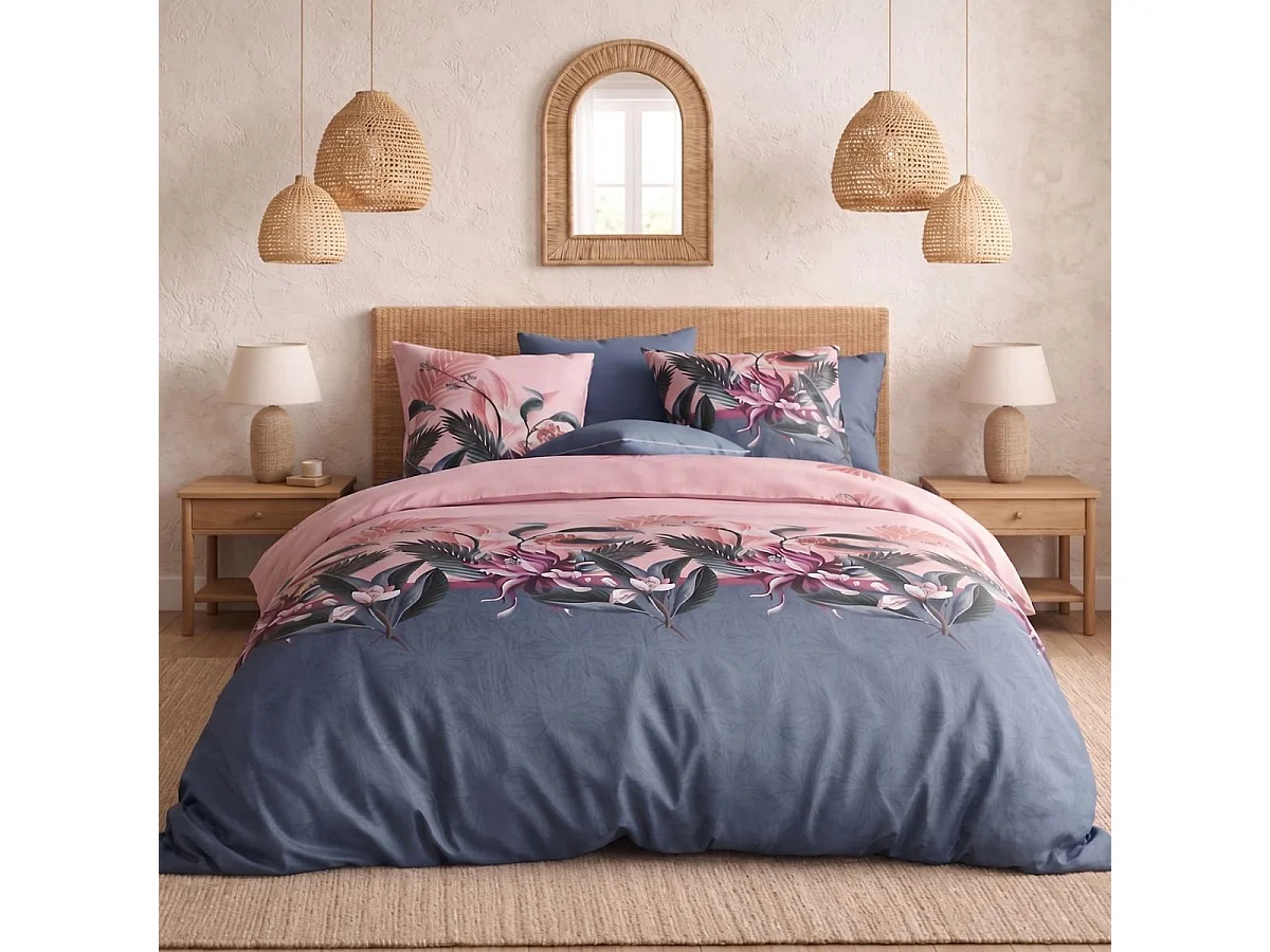 Parure housse de couette 240x220cm + 2 taies motif floral bleu et rose 100% coton - BLUM