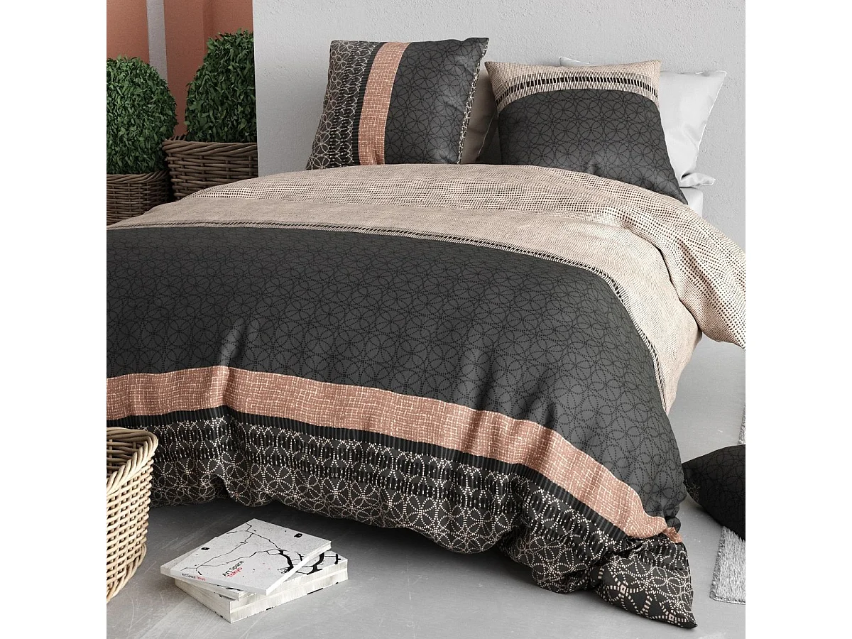 Parure housse de couette 260x240cm + 2 taies motif graphique beige et gris 100% coton - DIOGO