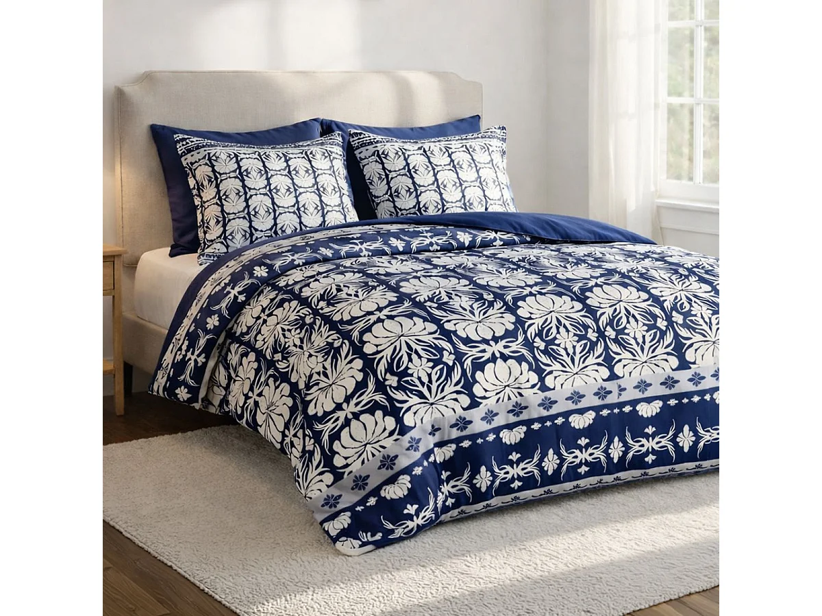 Parure housse de couette 240x220cm + 2 taies motif fleurs bleu et blanc 100% coton - LIZIO