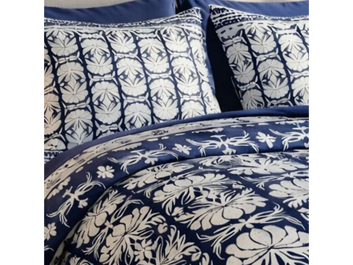 Parure housse de couette 240x220cm + 2 taies motif fleurs bleu et blanc 100% coton - LIZIO