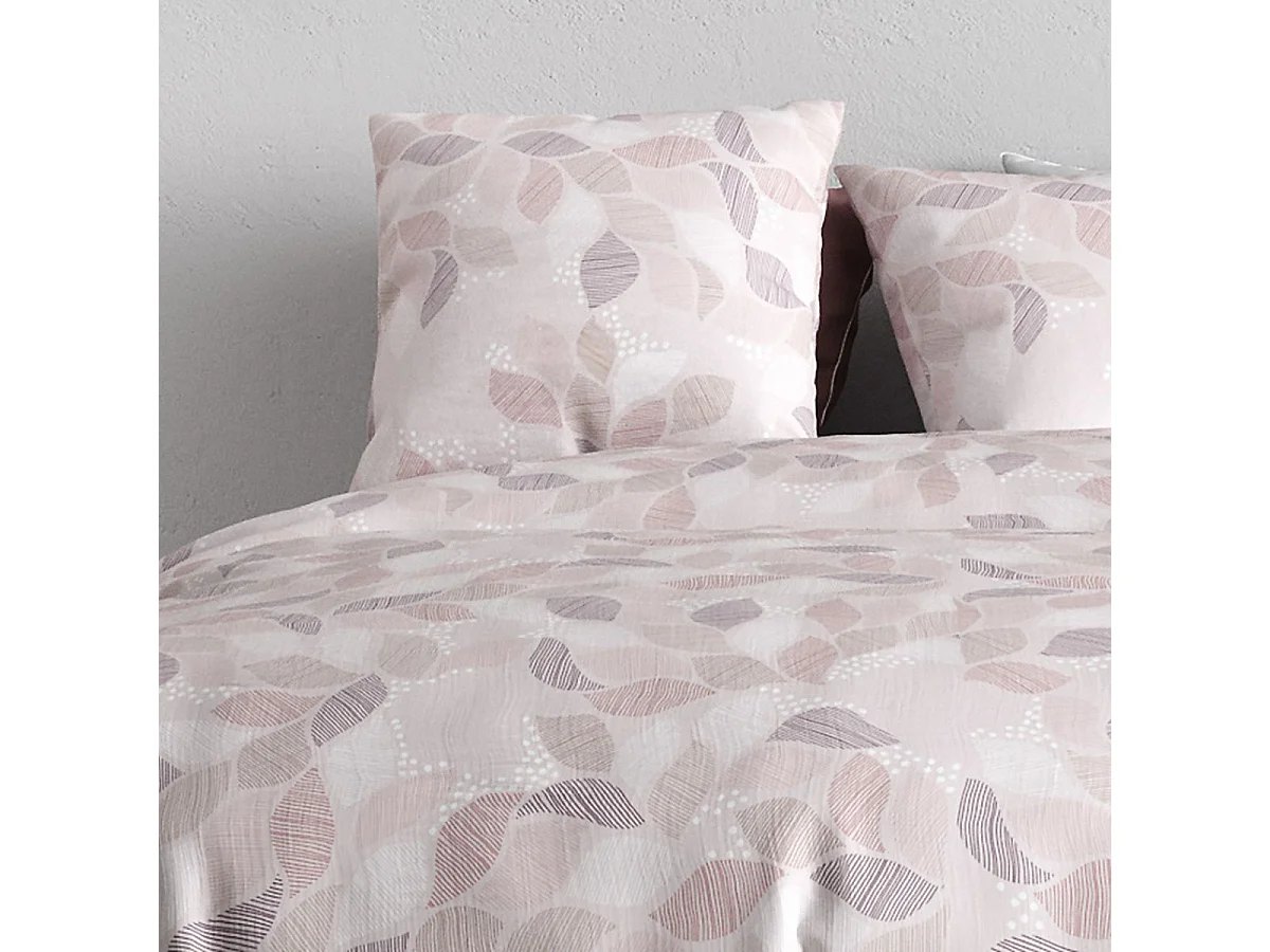 Parure housse de couette 260x240cm + 2 taies motif feuilles rose poudré 100% coton - LIXIA