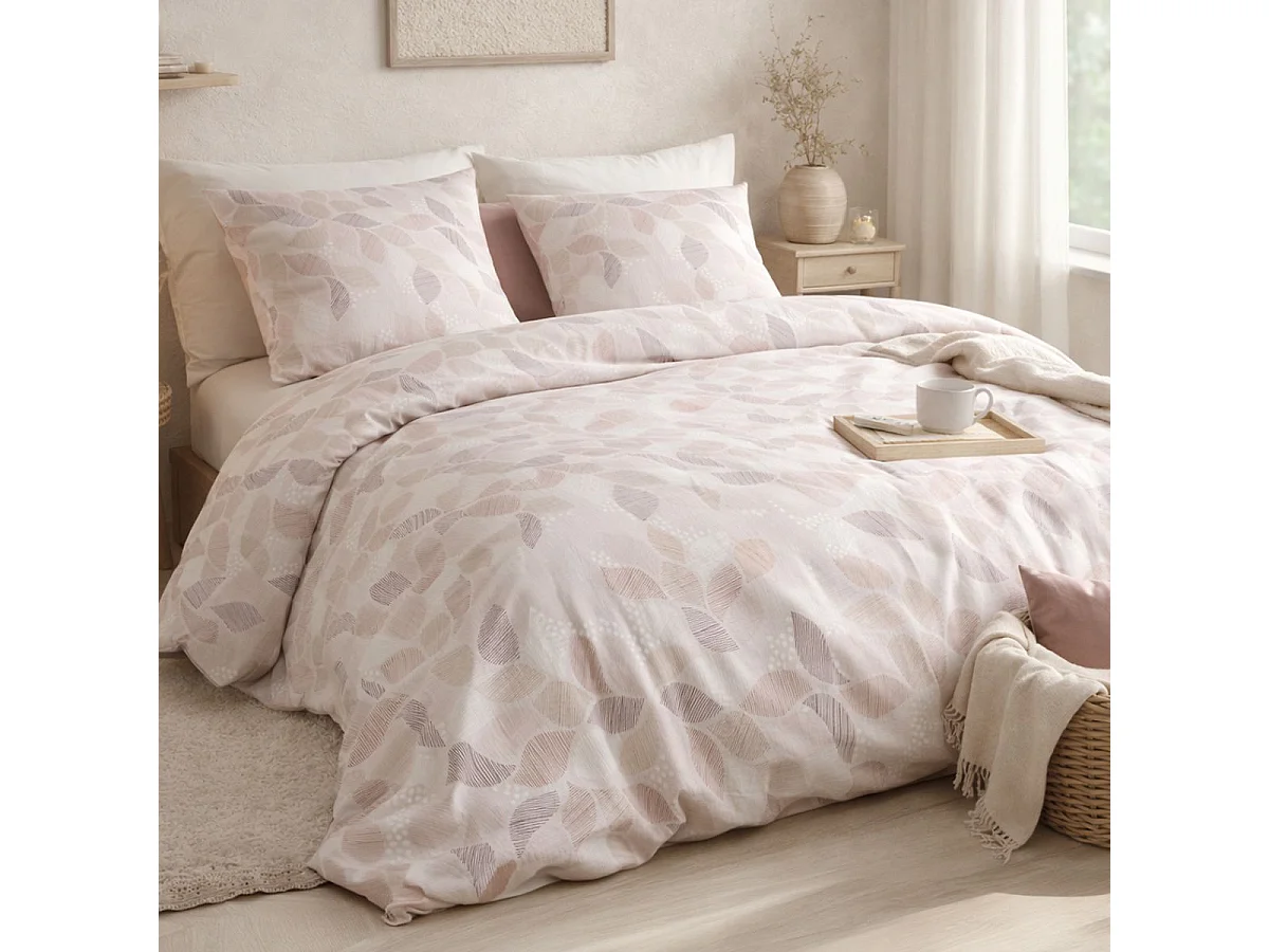 Parure housse de couette 260x240cm + 2 taies motif feuilles rose poudré 100% coton - LIXIA