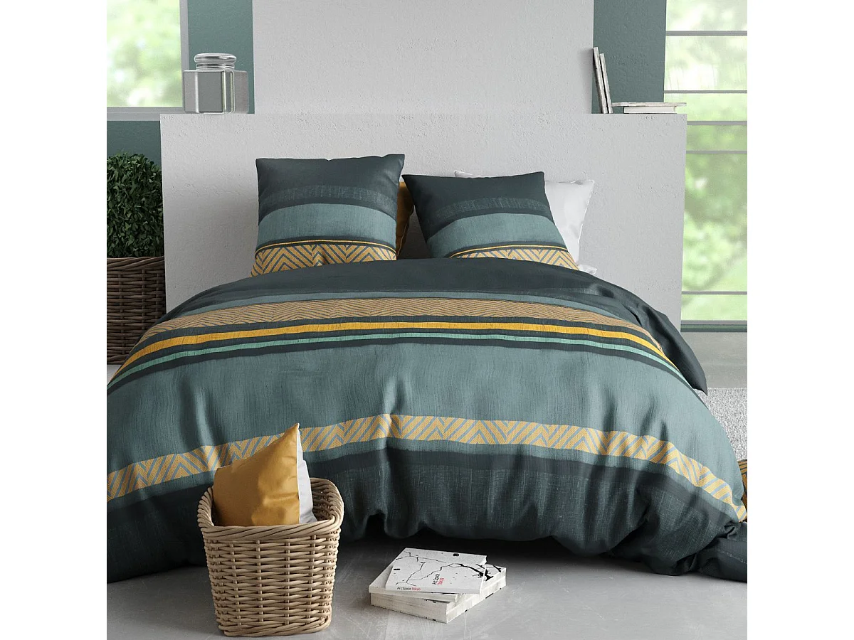 Parure housse de couette 260x240cm + 2 taies motif graphique bleu et jaune 100% coton - STRALA