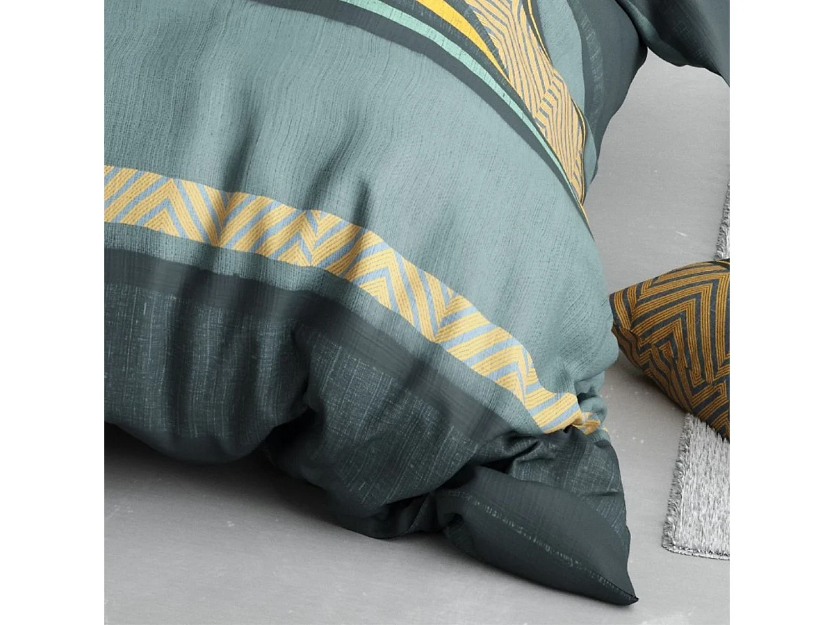 Parure housse de couette 260x240cm + 2 taies motif graphique bleu et jaune 100% coton - STRALA