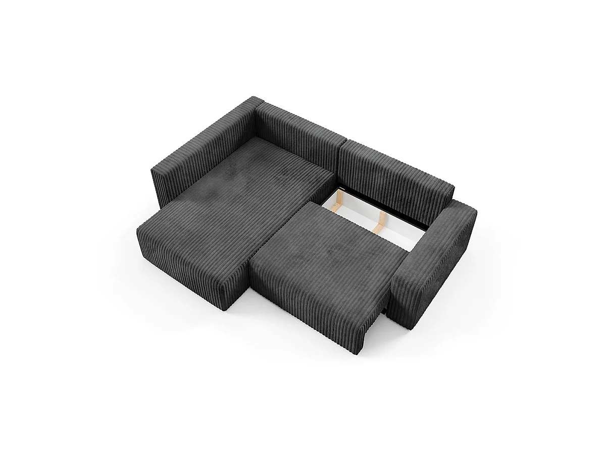 Canapé d'angle gauche convertible 4 places avec coffre en tissu noir ANGEL