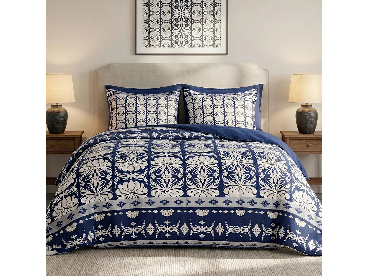 Parure housse de couette 260x240cm + 2 taies motif fleurs bleu et blanc 100% coton - LIZIO