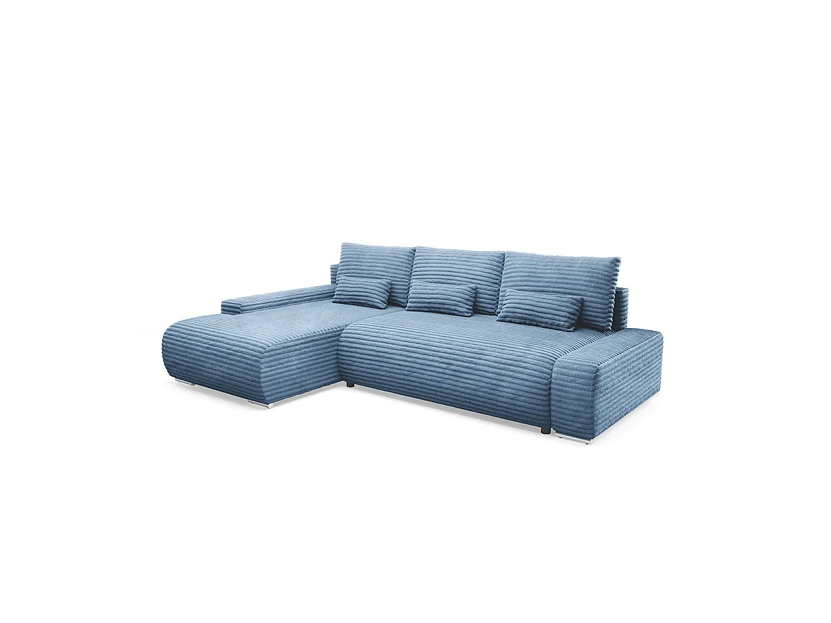 Canapé d'angle gauche convertible 3 places avec coffre en tissu bleu