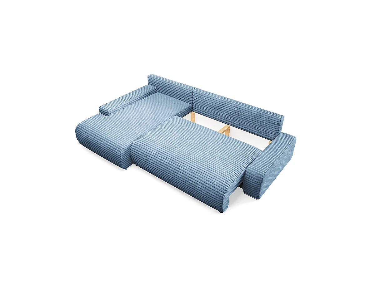 Canapé d'angle gauche convertible 3 places avec coffre en tissu bleu