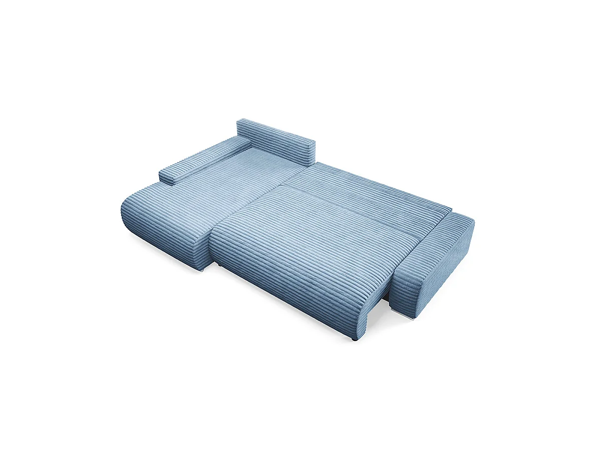 Canapé d'angle gauche convertible 3 places avec coffre en tissu bleu
