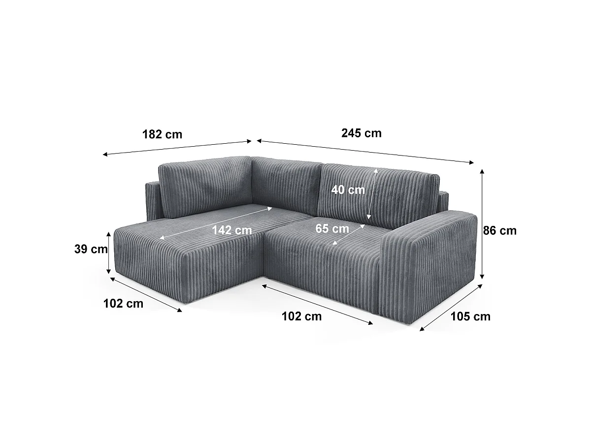 Canapé d'angle gauche convertible 4 places avec coffre et accoudoirs Angela Gris foncé