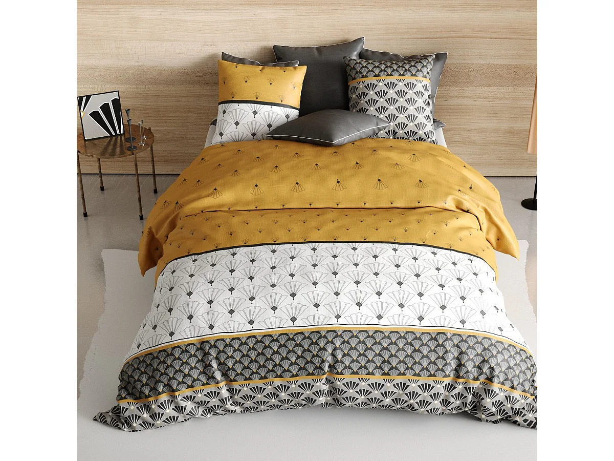 Parure housse de couette 240x220cm + 2 taies motif rétro gris et jaune 100% coton - TILIO