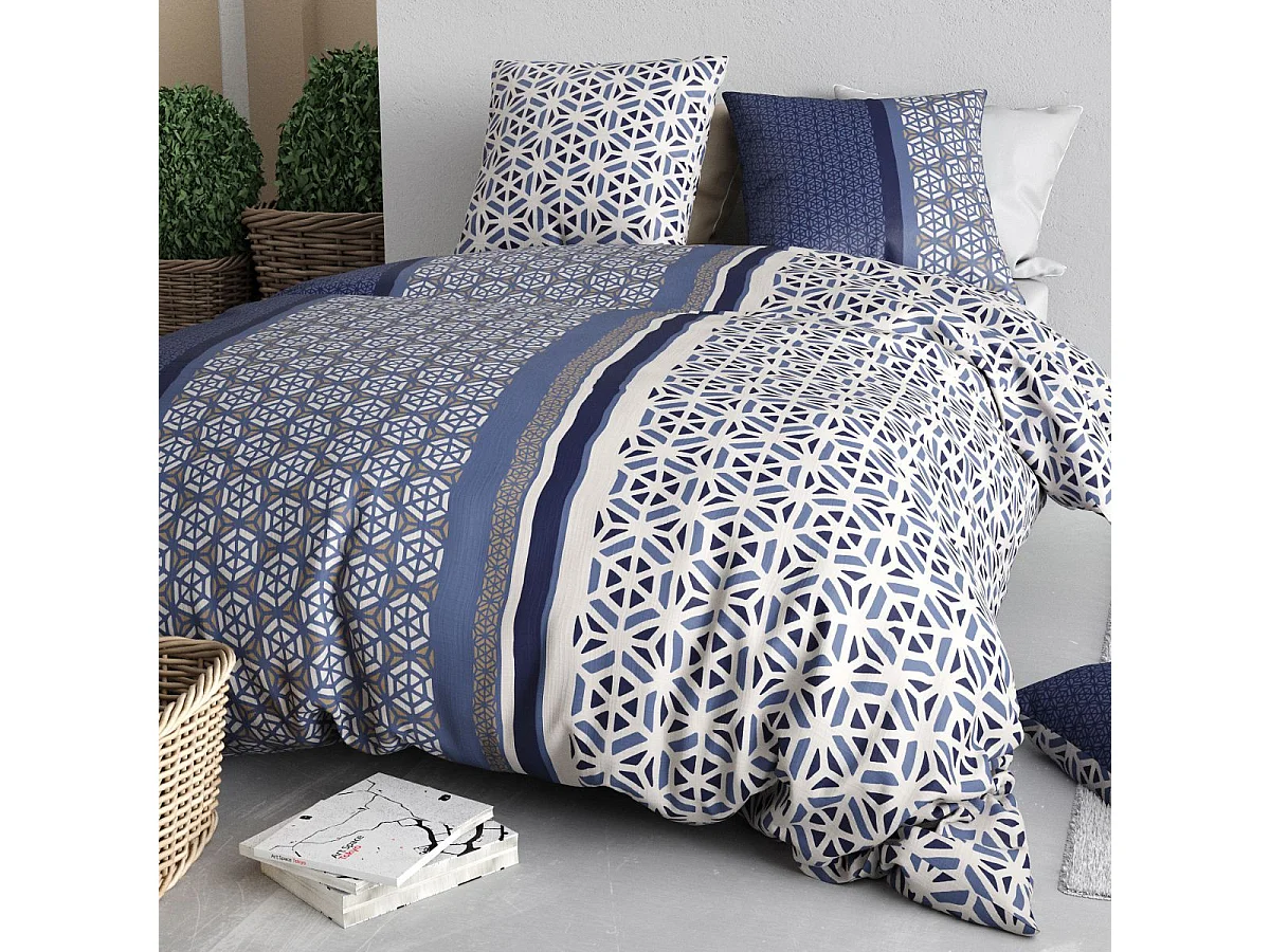Parure housse de couette 240x220cm + 2 taies motif géométrique bleu 100% coton - ORANE