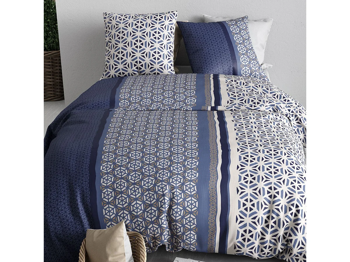 Parure housse de couette 240x220cm + 2 taies motif géométrique bleu 100% coton - ORANE