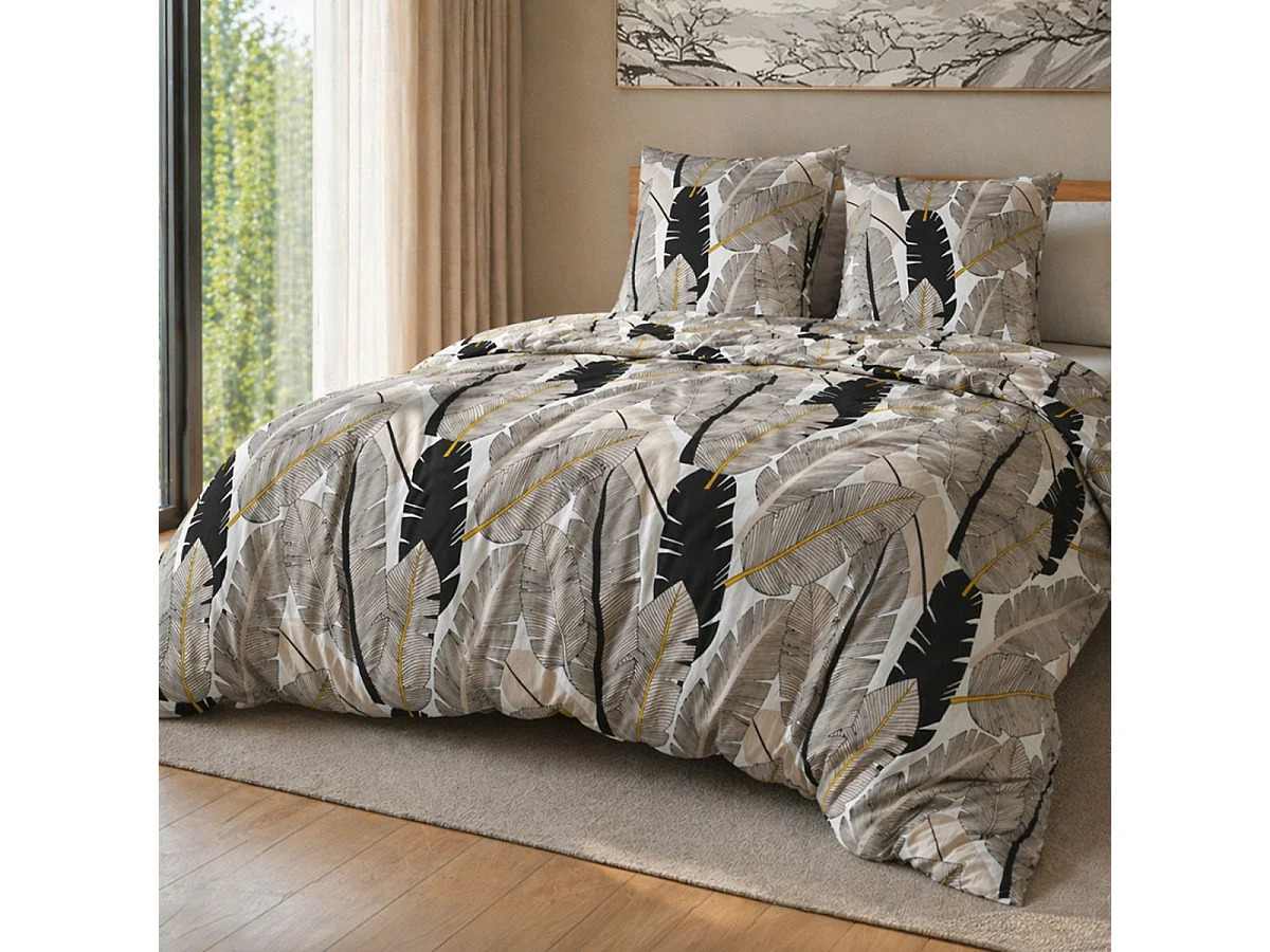 Parure housse de couette 260x240cm + 2 taies motif plumes noir et blanc 100% microfibre - PIUMA