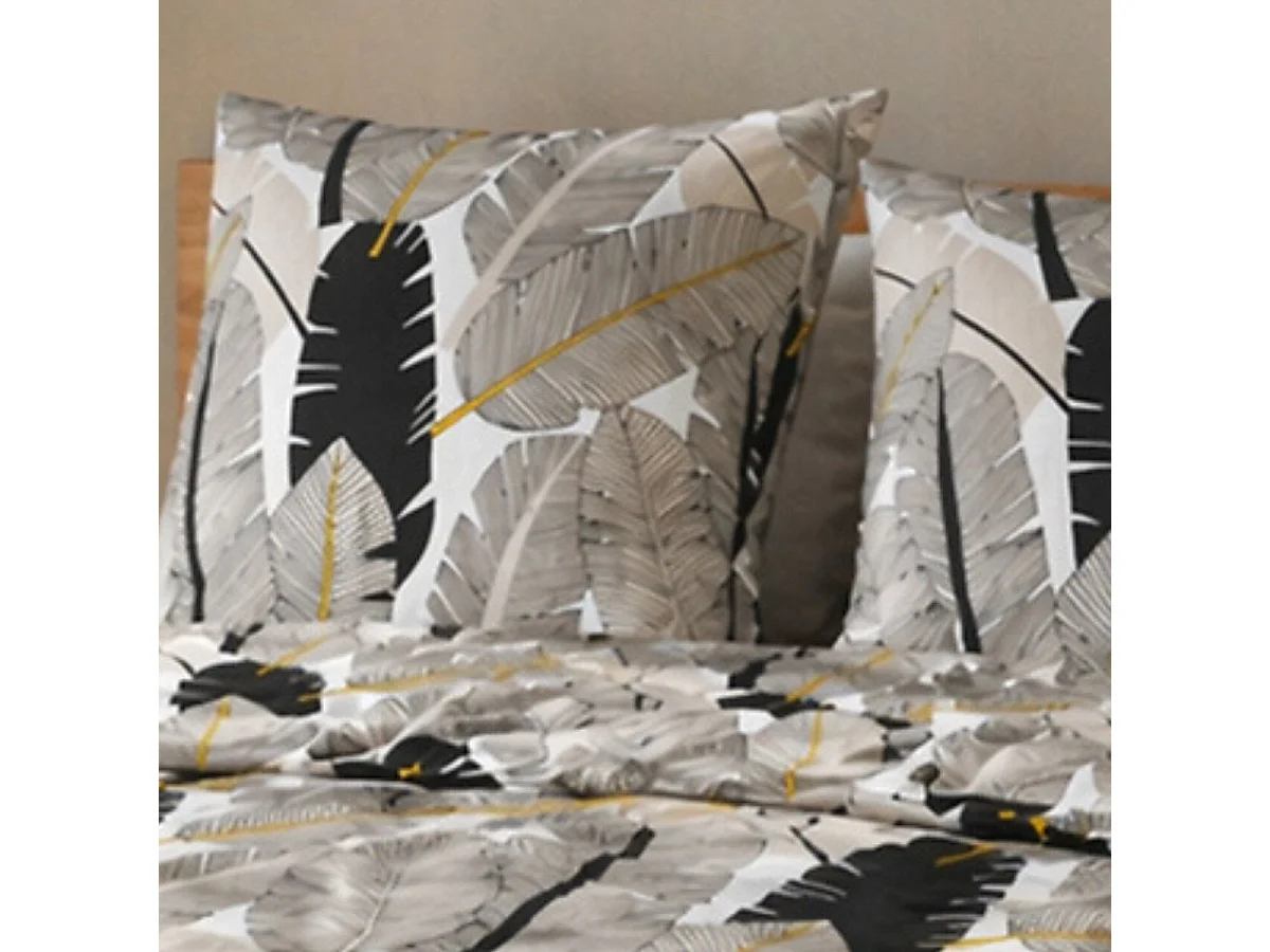 Parure housse de couette 260x240cm + 2 taies motif plumes noir et blanc 100% microfibre - PIUMA