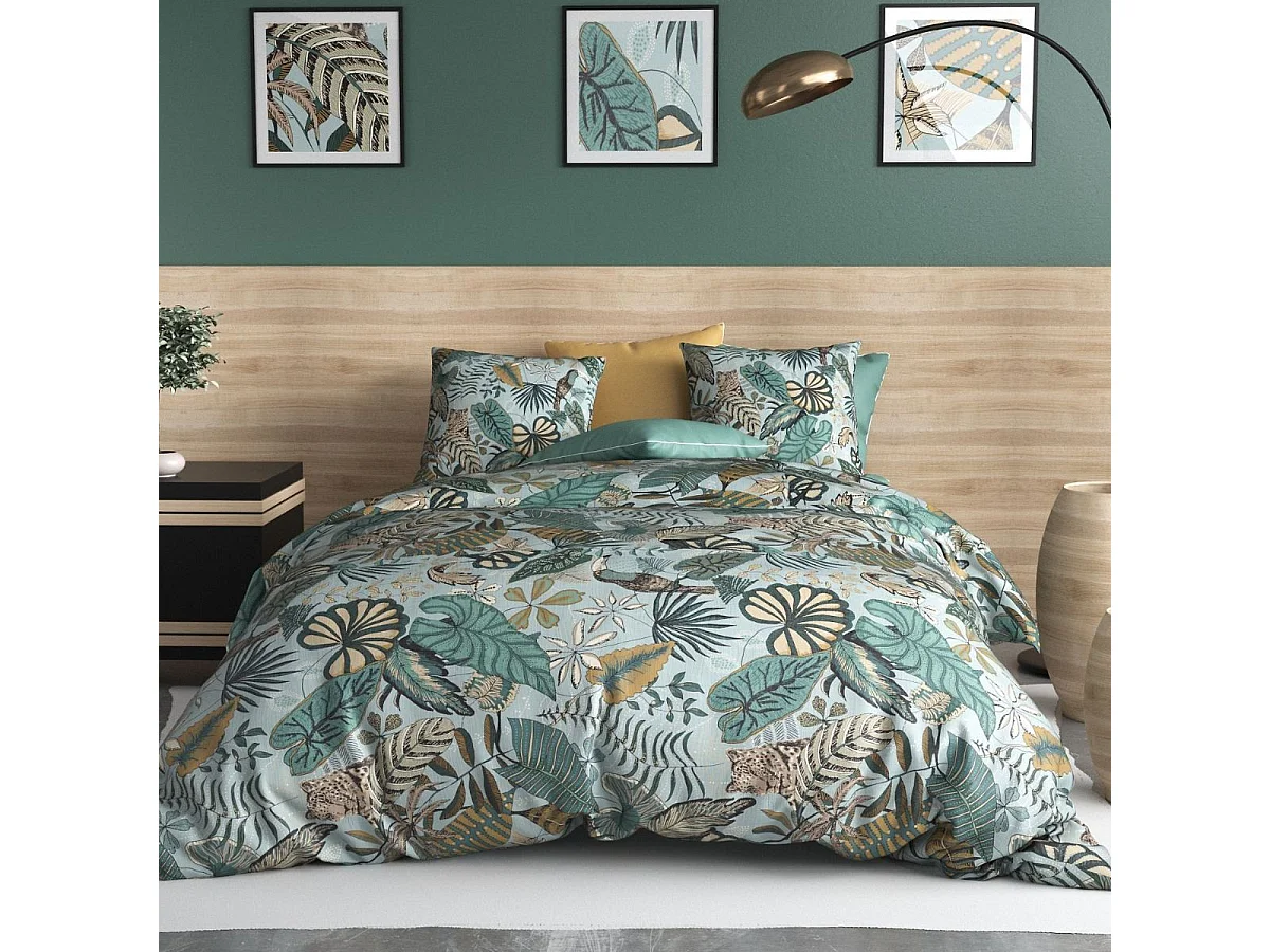Parure housse de couette 240x220cm + 2 taies motif exotique bleu et vert 100% coton - YUCATAN