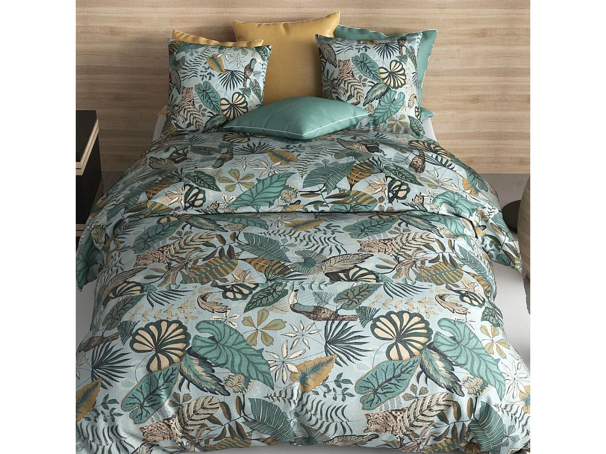 Parure housse de couette 240x220cm + 2 taies motif exotique bleu et vert 100% coton - YUCATAN