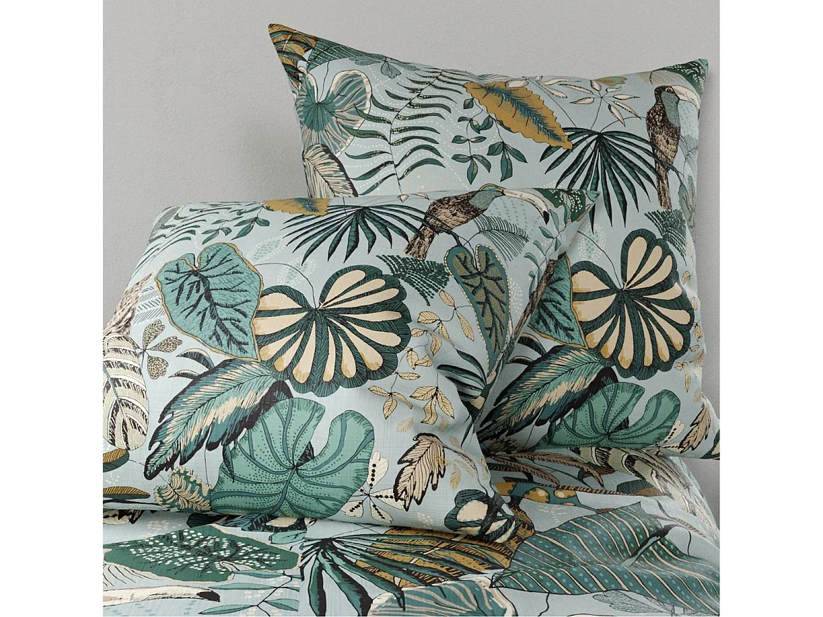 Parure housse de couette 240x220cm + 2 taies motif exotique bleu et vert 100% coton - YUCATAN