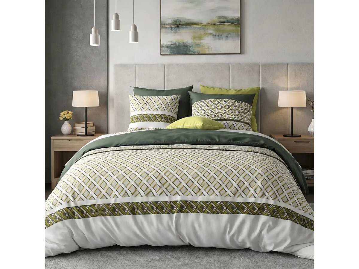 Parure housse de couette 260x240cm + 2 taies motif géométrique vert 100% coton - AYANA