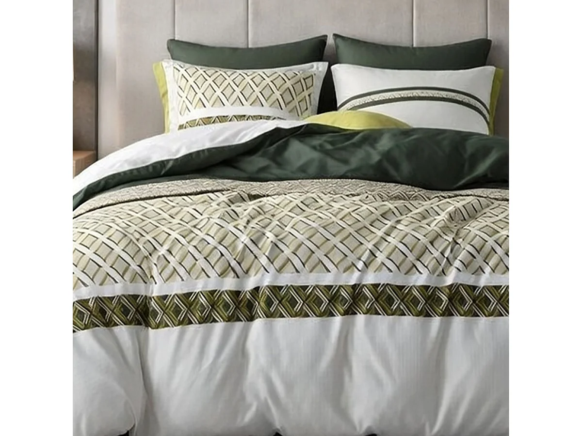 Parure housse de couette 260x240cm + 2 taies motif géométrique vert 100% coton - AYANA