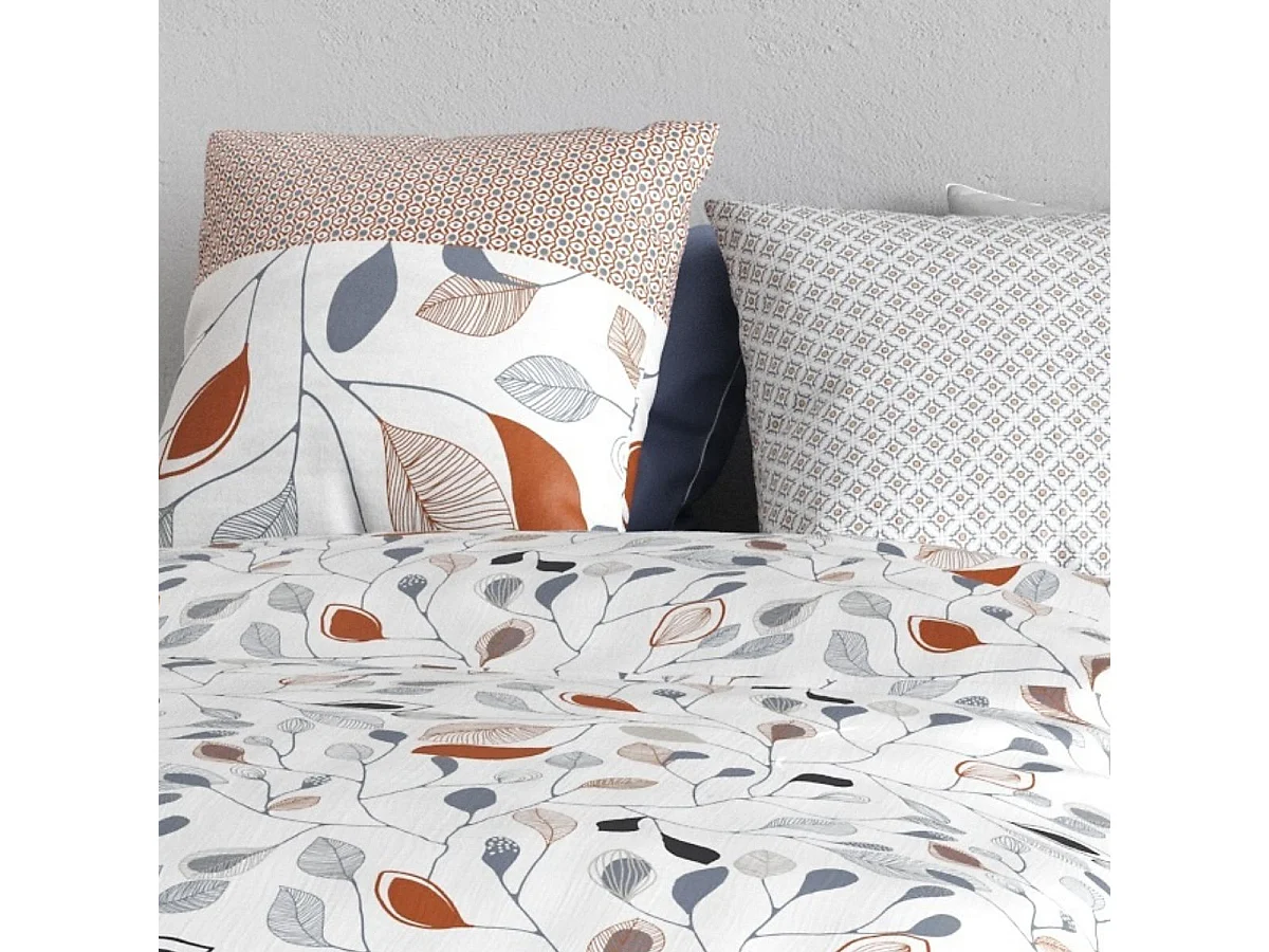 Parure housse de couette 240x220cm + 2 taies blanc motif feuillage bleu et rouille 100% coton - TILDA